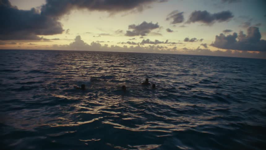 A group of people are swimming out into ocean water after sunset