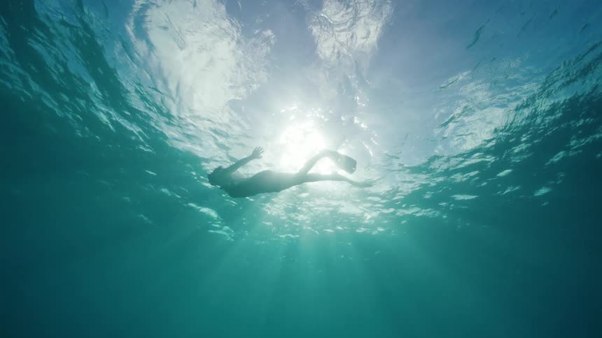 A person wearing diving flippers swimming on the ocean snorkeling on a beautiful sunny day