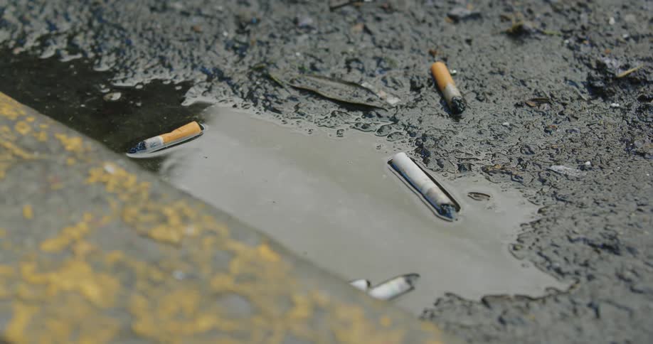 Cigarette butts in a street gutter puddle with people walking reflected in the water