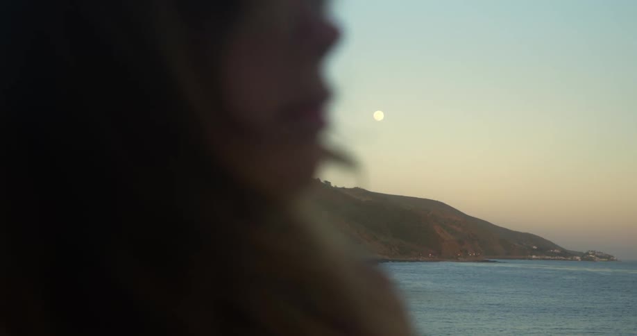 Woman with brown hair looks at see standing on mountain