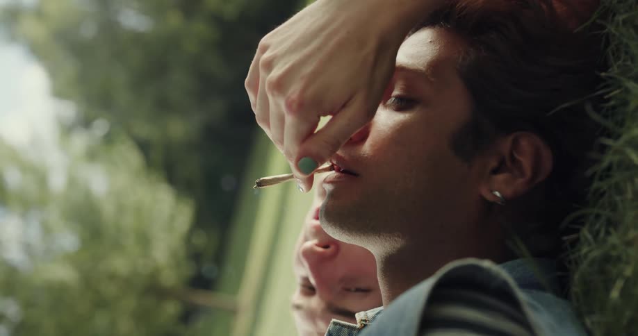 A teenage girl lies on the grass next to a teenage boy and smokes a joint and then passes it to him and he takes a drag
