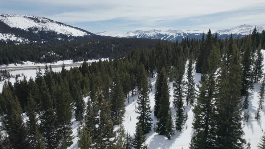 Snow covered forested mountains and mountains in the distance under a cloudy sky