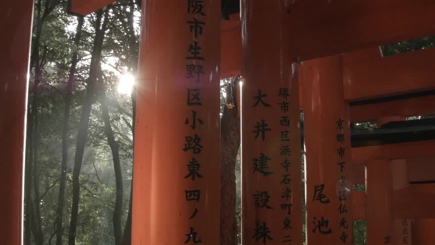 Pillars near the woods have writing on them