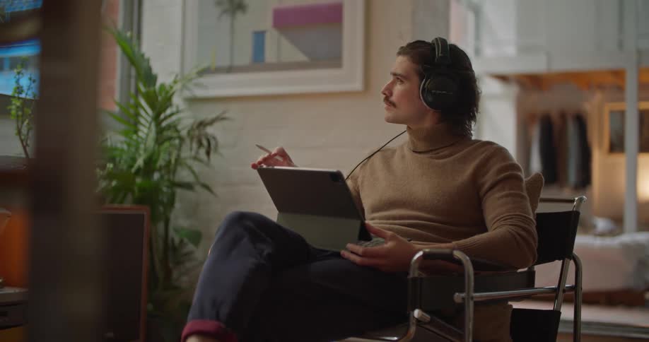 Thoughtful young man sitting on an armchair wearing a headphone and using a pen to write something on a laptop touchscreen