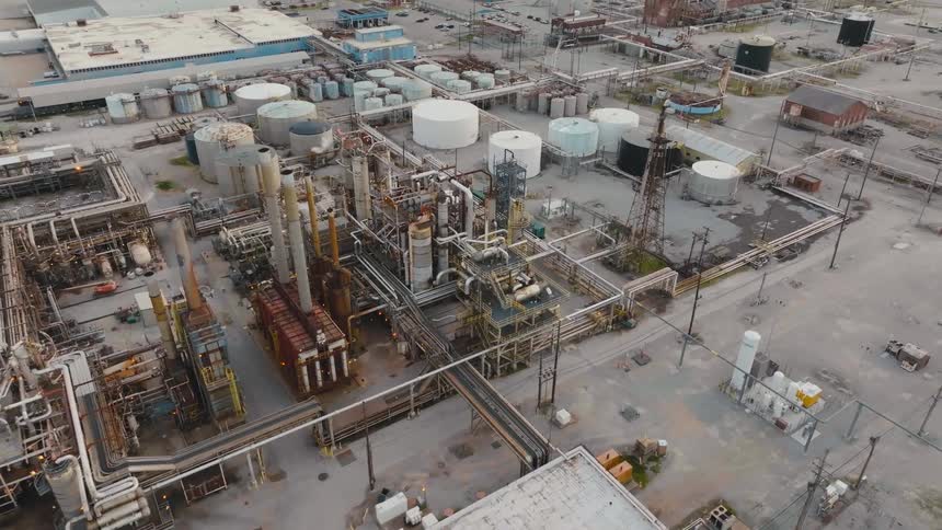 The storage tanks and facilities of a refinery during the day