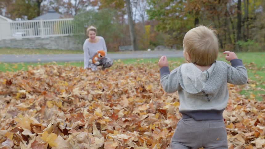 A child walks over to a woman in the leaves