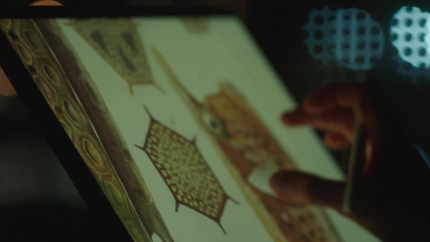 A woman zooms in and out of art drawn on a tablet