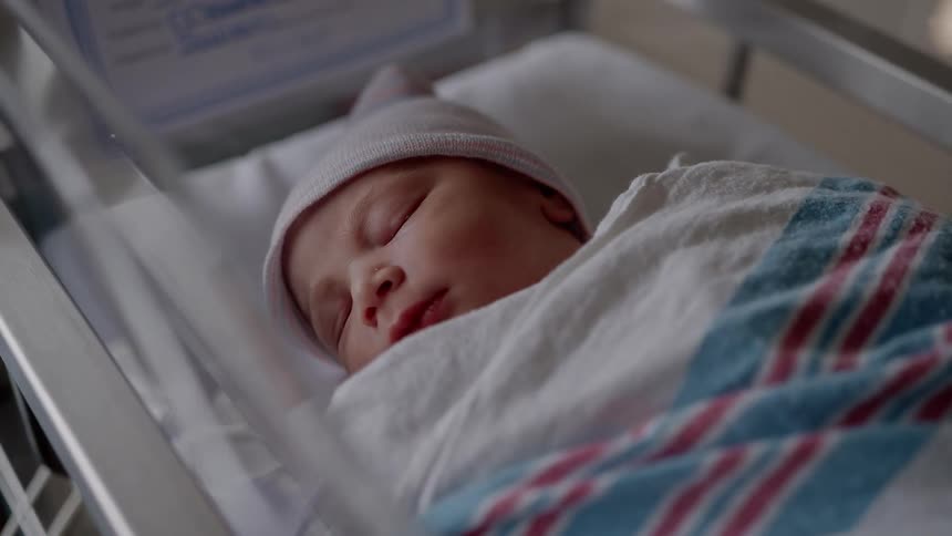 Baby with pink hat and white blanket sleeps in bed