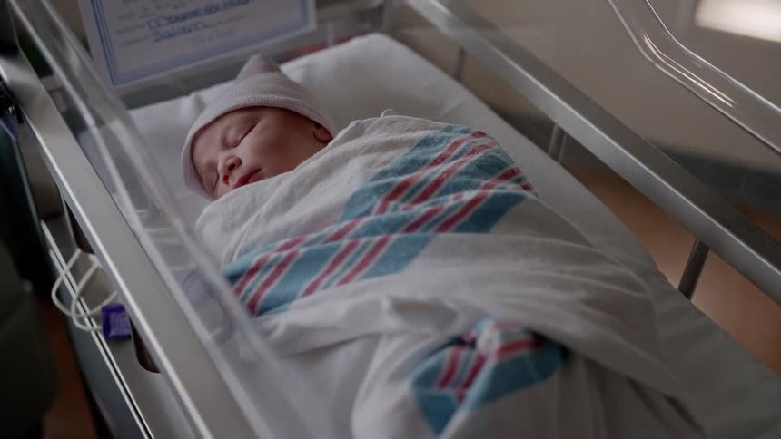 Baby bundled in blanket sleeps in nursery with sign at top of crib