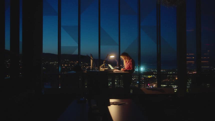 A woman works at a desk in a lavish but dimly lit office overlooking a metropolis at night
