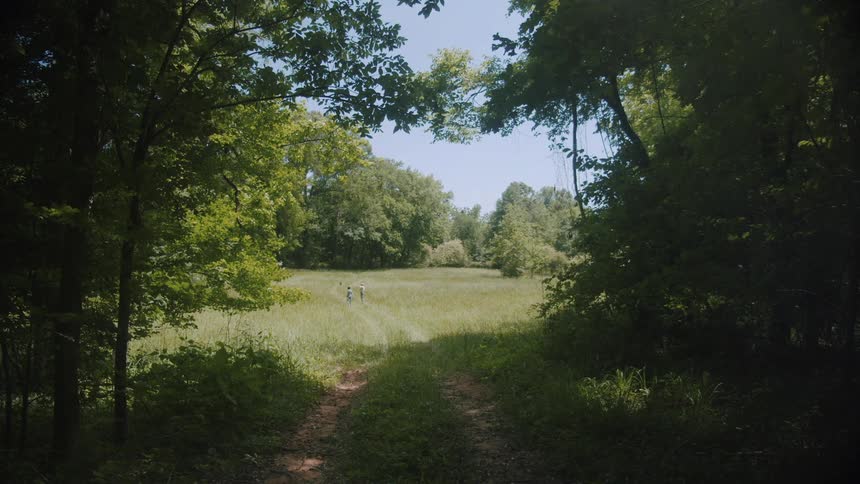 Two people and a dog are walking through a field towards a house in the woods