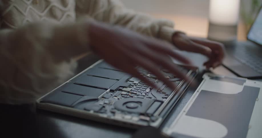Woman wearing sweater takes bottom panel off laptop as she sits at table with tablet