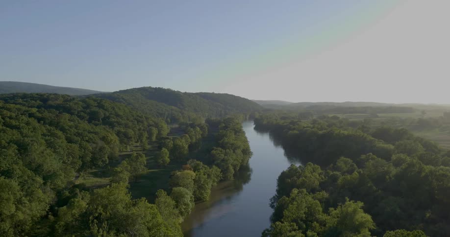 A river runs past dense woods