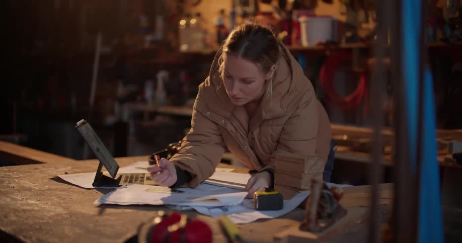 A woman bends over paper work in a shop and writes on it