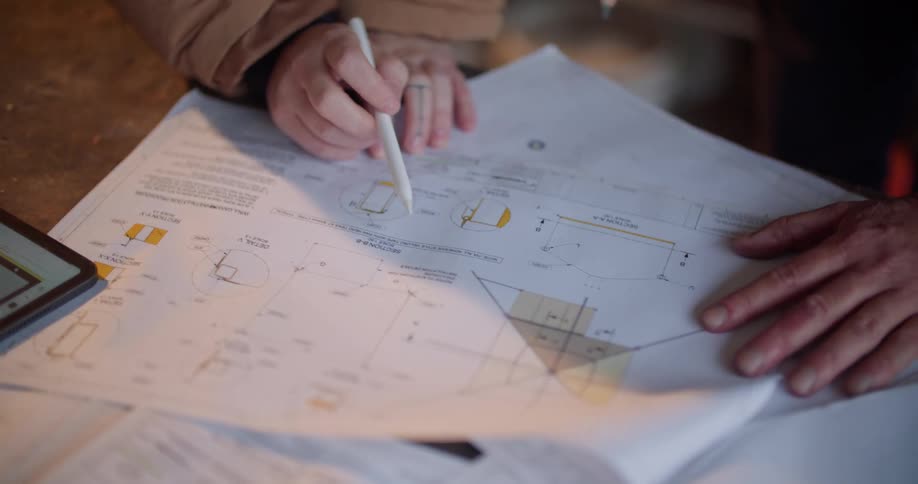 A man and woman go over blueprints in a workshop