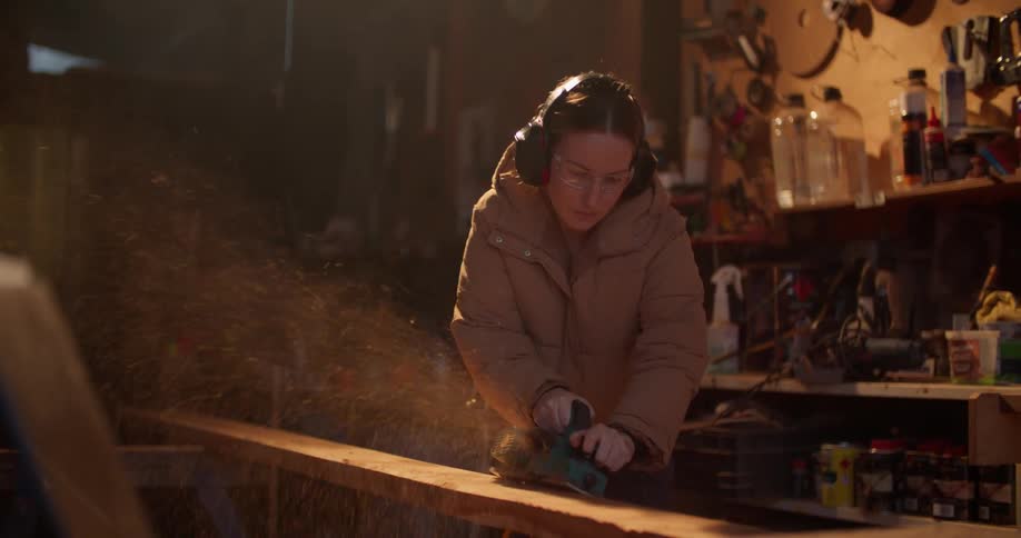 Woman wears ear and eye protection while sanding board