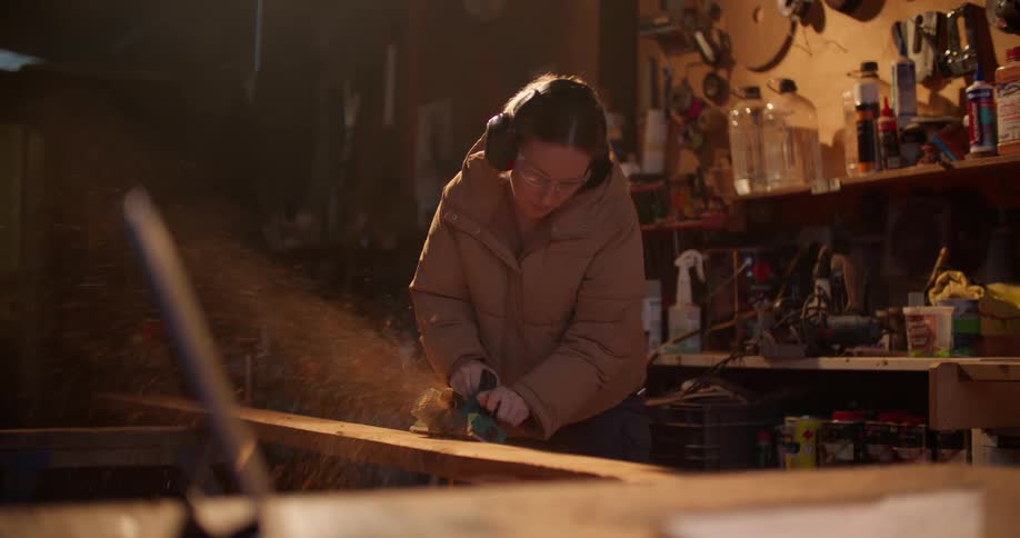 A woman walks along a large piece of wood as she runs a grinder on the edge
