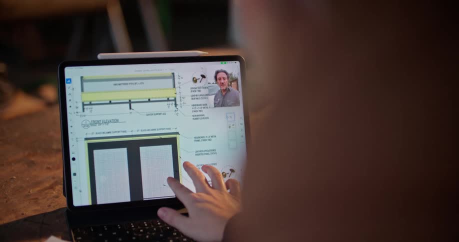 Woman manipulates image on screen as she talks to man via video call