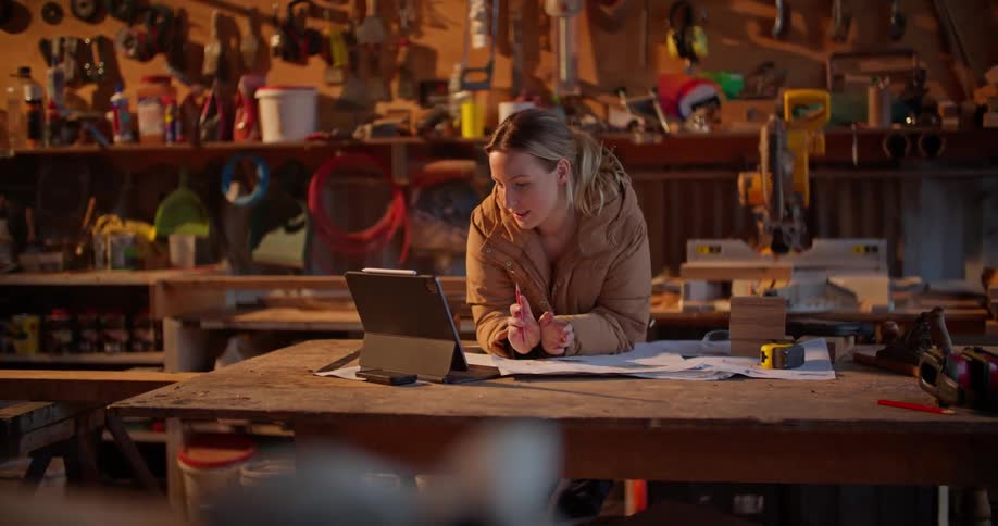 A woman uses a computer tablet on a stand to participate in a video chat while leaning against a table in a workshop
