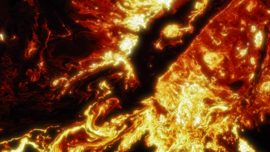 Yellow and red bright flames flow and converge like lava over a black background