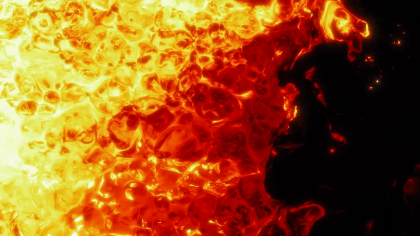 Yellow and red bright flames flow and converge like firestorm over a black background