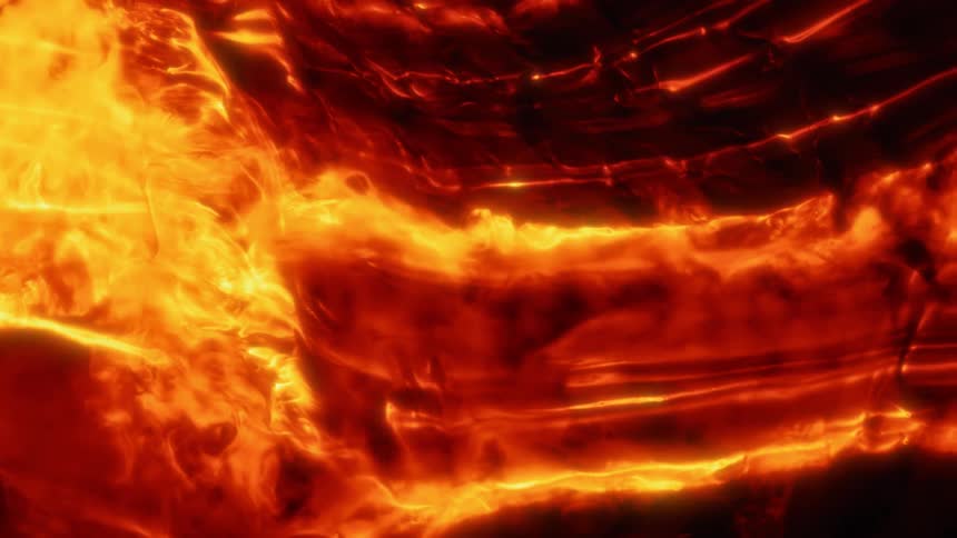 Liquid as red as fire moves into each other and expands behind the wave