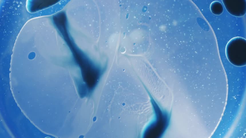 Filmy substance coagulates into a glob on a liquidwith particles