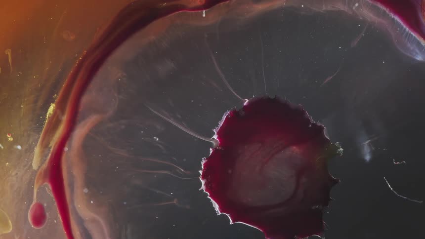 Blobs of dark red liquid ink flowing out against a gray background