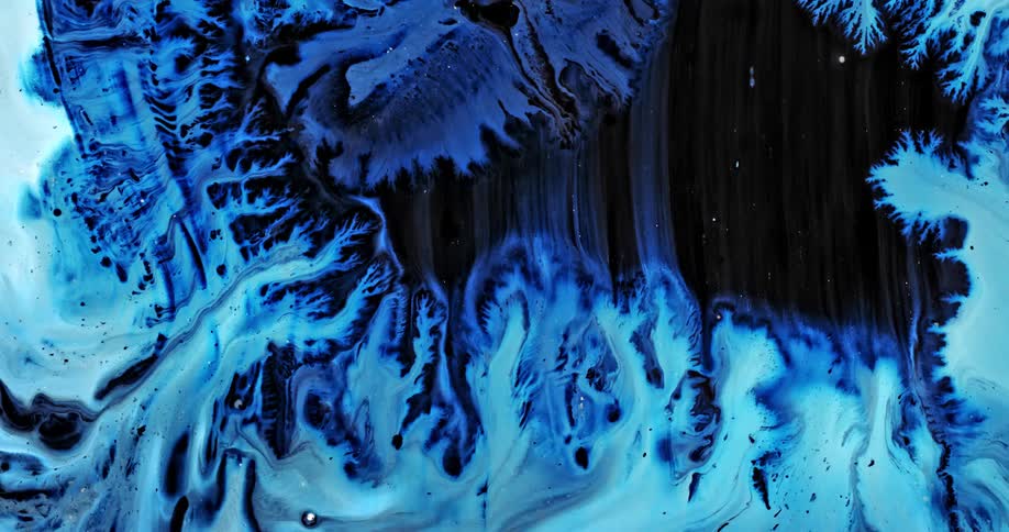 Light blue shapes spread into dark blue and black striations