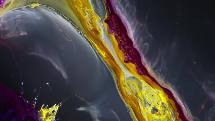 Waves of dark liquid flow and squeeze bright ribbons of color