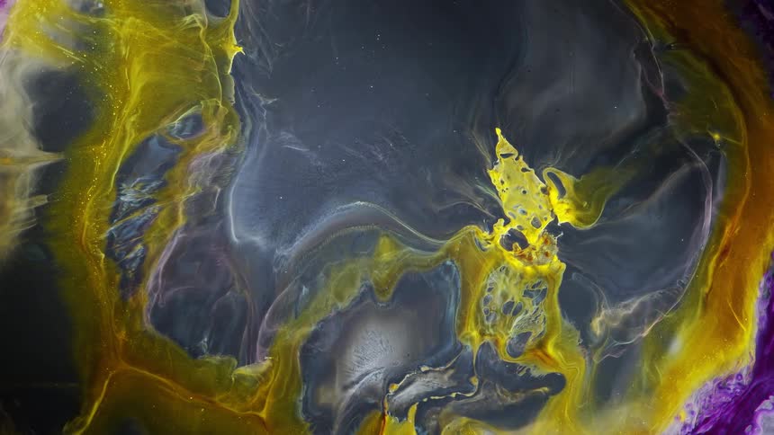Yellow and purple irregularly shaped layers surrounded by gray flow