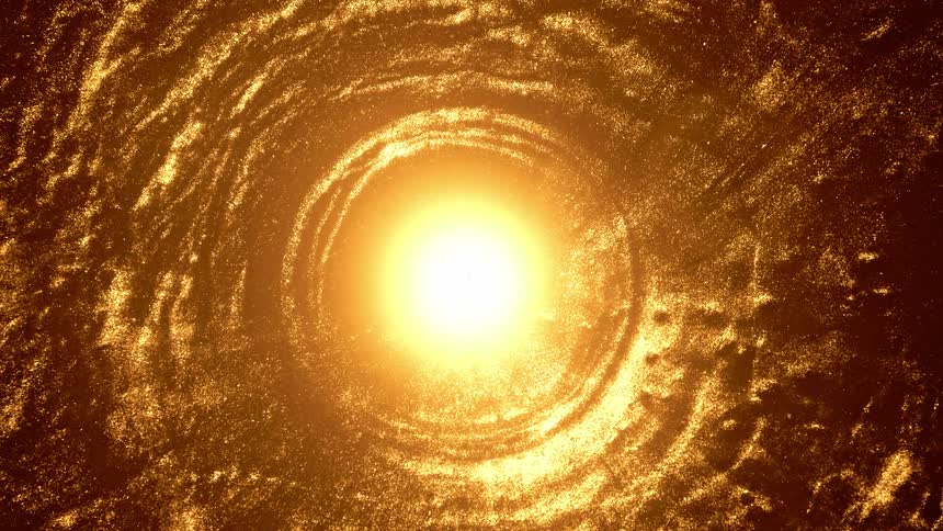 A bright golden sun is moving from the end of a tunnel of orange rings of stars