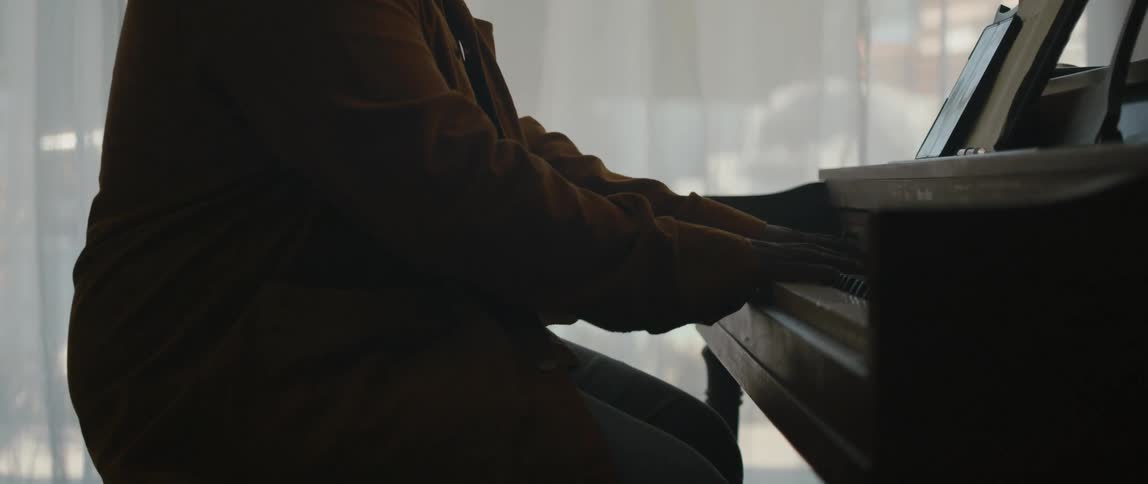 A person is playing the piano instrument in their house