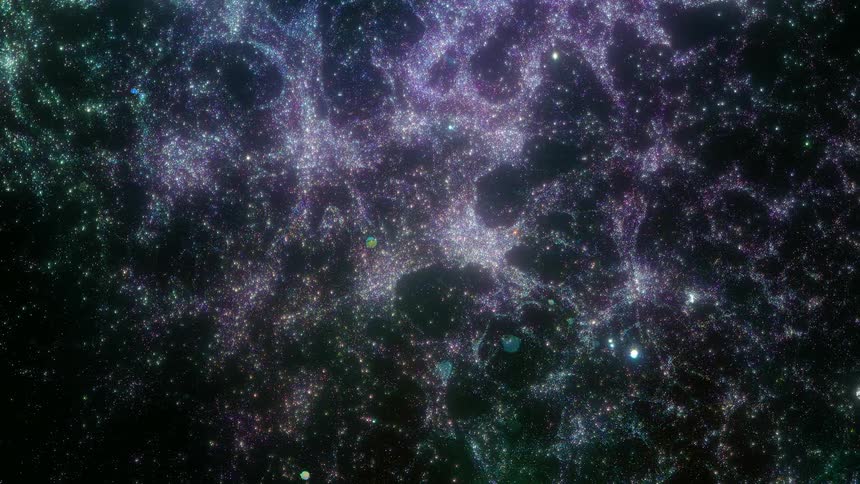 Specks stars form nebulous structures against a black background