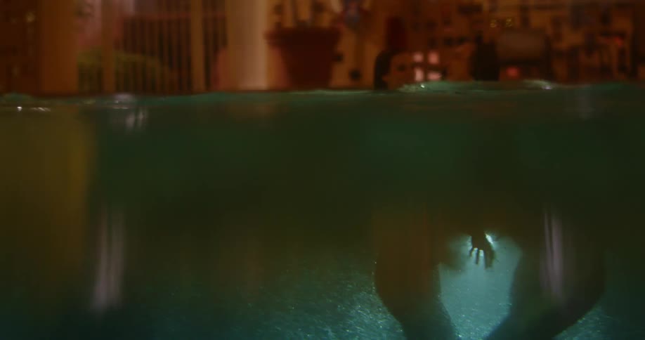 Two people are swimming under the water at night