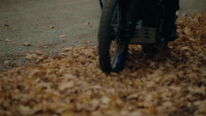 A person rides their motorcycle on the side of a dirt road where piles of leaves are on the ground