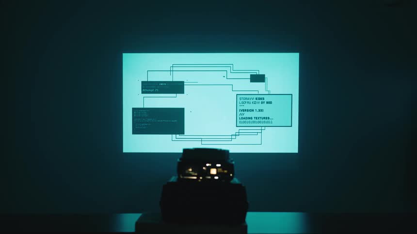 A projector shows slides with diagrams and scientific formulas