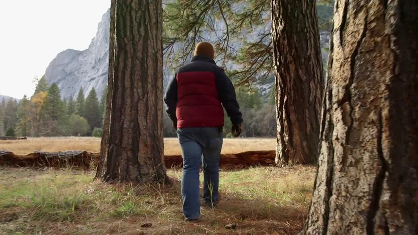 A man in a red and gray jacket walks near trees