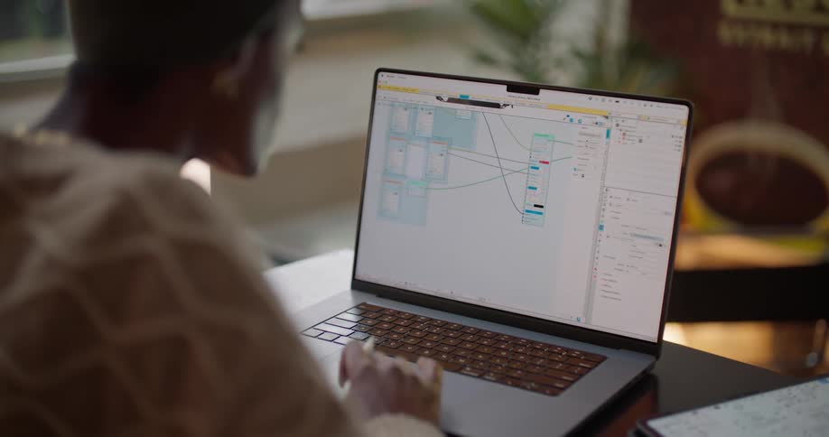 A woman is working with graphic images on a laptop computer