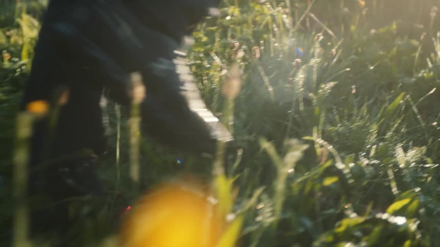 A persons walks through a field of wet grass during the day