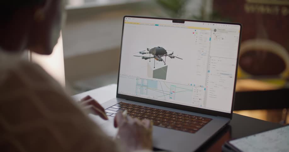 A woman examines a model of an aerial drone displayed on her laptop while sitting at a table