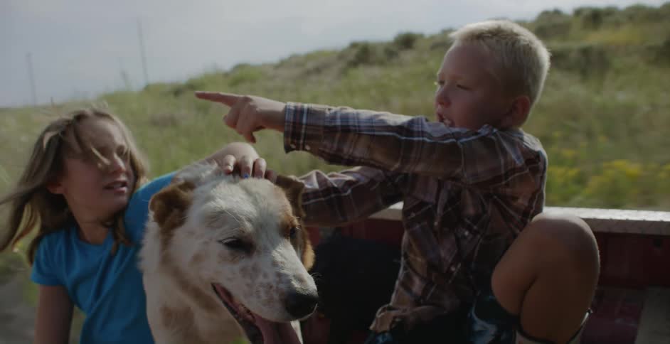 A young boy sits in the back of a moving truck with his sister and points at something as they both pet their dog