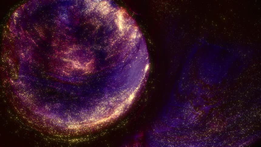 A bright circular pink and purple galaxy emerges in the universe