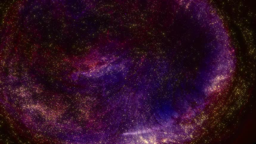 A pink and purple twinkling galaxy explodes with stars through the furthest edges of darkness