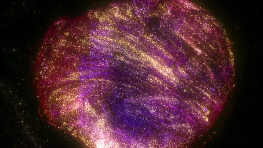 Glittering blob of shiny purple and gold ink expanding on a black background