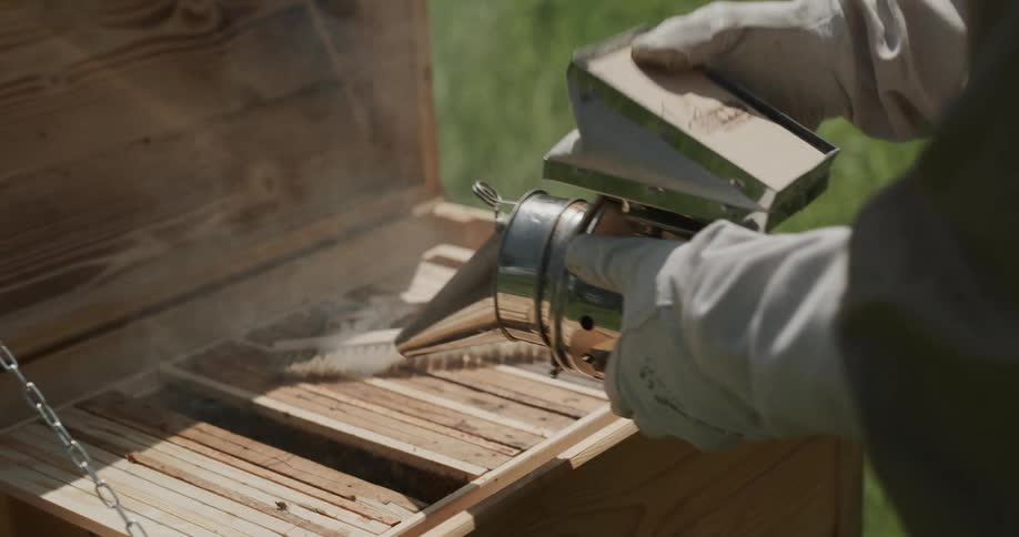 A man is spraying water vapor on furniture outdoors
