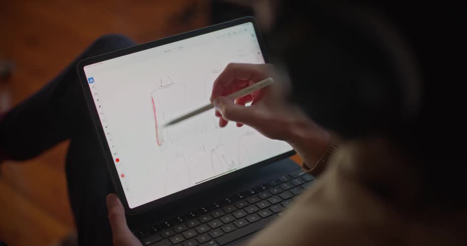A person is drawing on the laptop