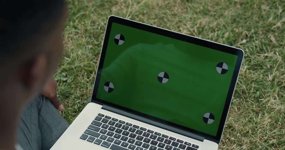 A man is sitting in the grass looking at his laptop