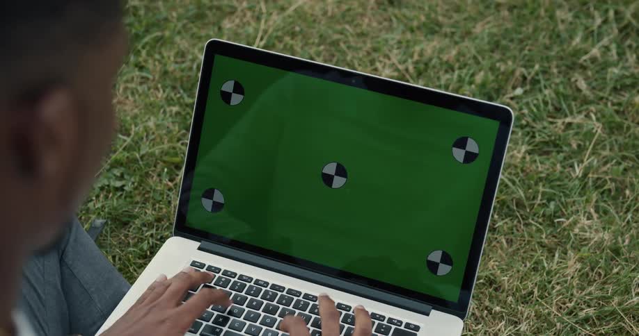 Man sitting on the lawn typing on laptop