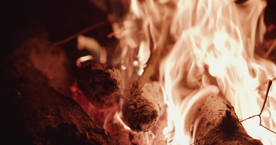 Wood and logs in a camp fire burning at night